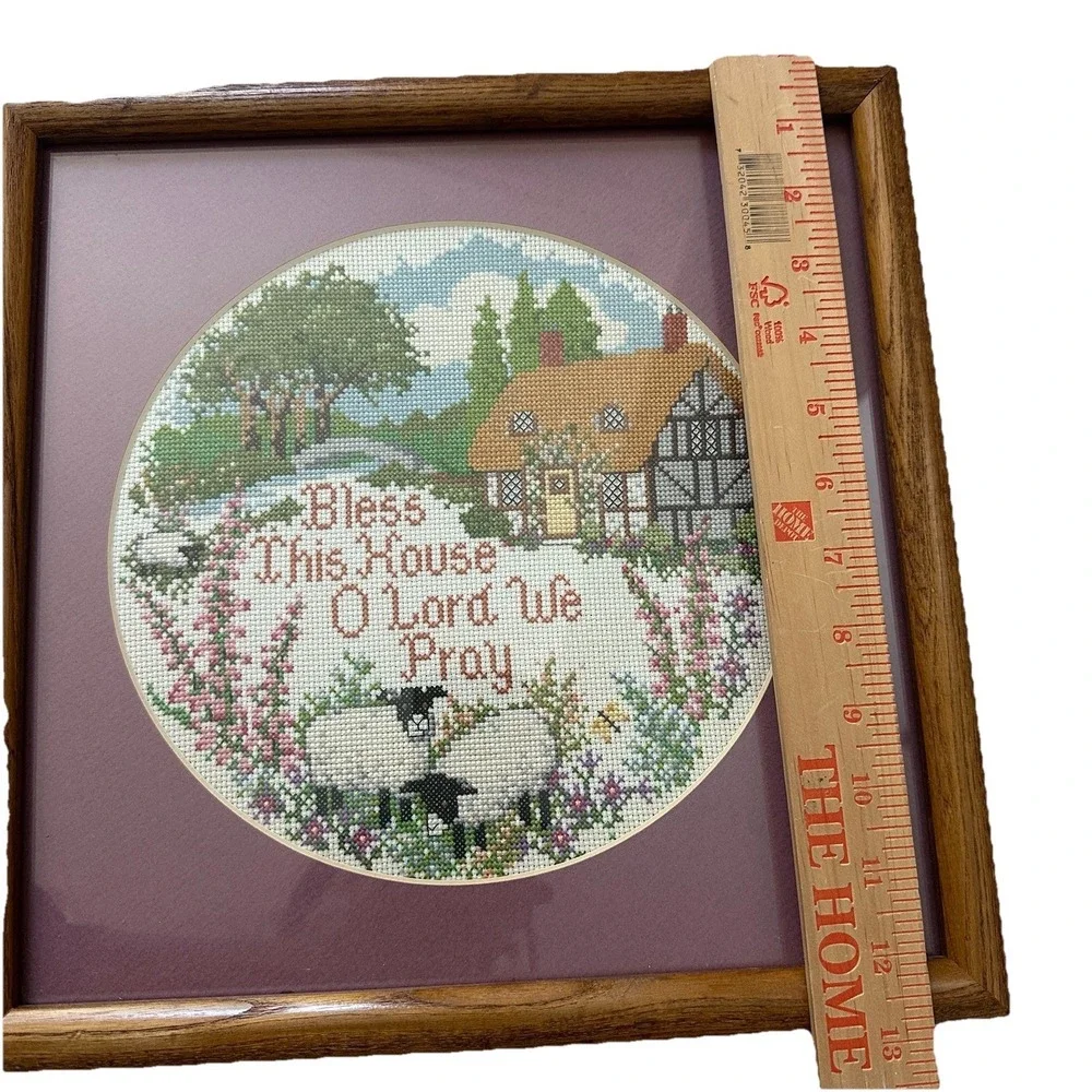Vintage Bless This House‎ Cross Stitch Art Framed 13x13 Inch Christian Prayer